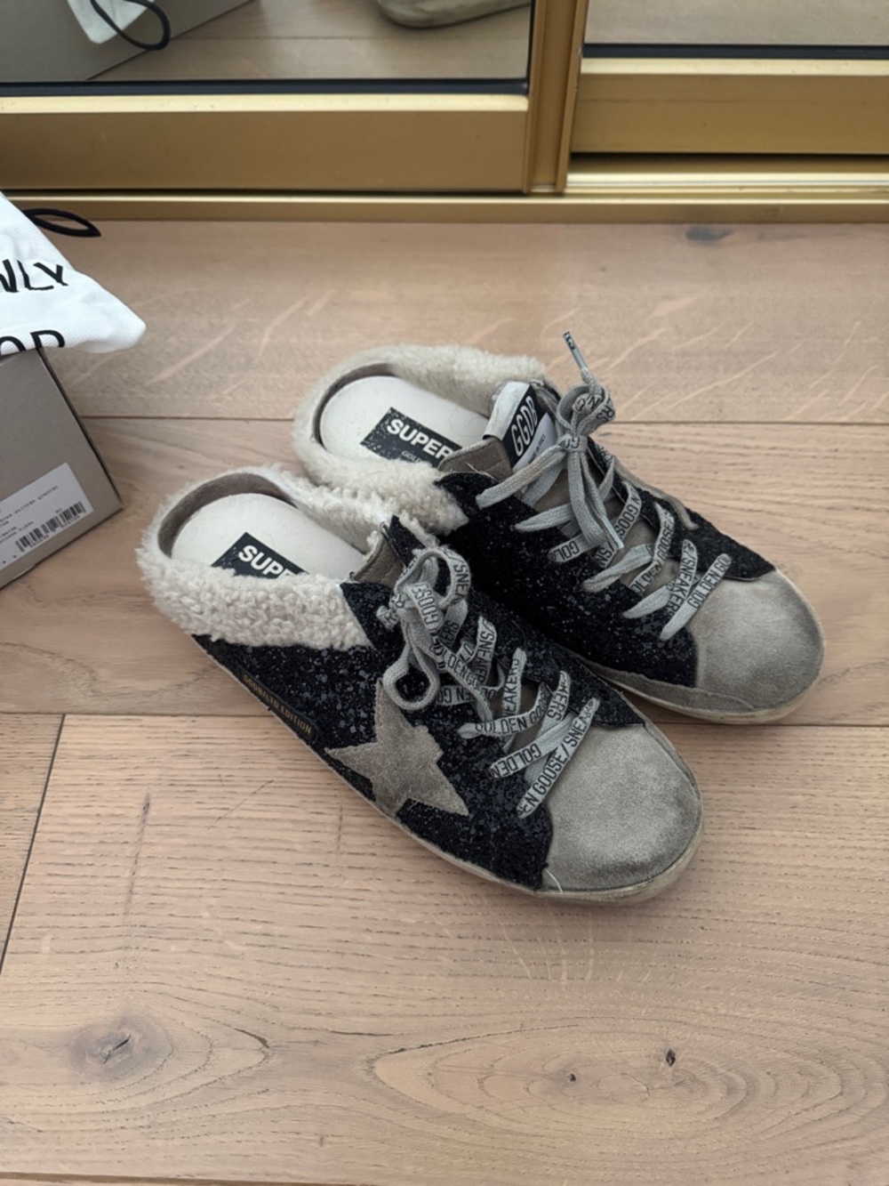 Golden Goose Black Glitter & Gray Suede Star Slip-On Sneakers